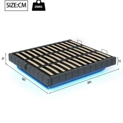 Lit Coffre 180x200 cm - Lit Double avec Rangement, Sommier Relevable, Bande LED Intégrée - Tissu Gris - Sans Matelas