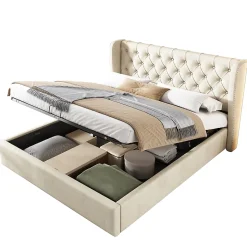 Lit coffre 160x200 cm - Lit double avec sommier à lattes et coffre hydraulique - Velours - Sans Matelas - Beige