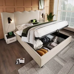 Lit Coffre 180x200 cm - Lit Double Capitonné avec Lampe de Lecture et Charge USB Type-C - Lin Beige - Sans Matelas