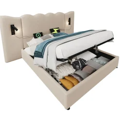 Lit Coffre 180x200 cm - Lit Double Capitonné avec Lampe de Lecture et Charge USB Type-C - Lin Beige - Sans Matelas