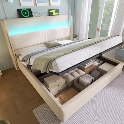 Lit Coffre 160x200 cm - Lit Double avec Sommier Relevable et Rangement - Ports USB Type-C - Tissu Lin Beige - Sans Matelas