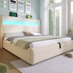 Lit Coffre 160x200 cm - Lit Double avec Sommier Relevable et Rangement - Ports USB Type-C - Tissu Lin Beige - Sans Matelas