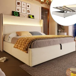 Lit Coffre 160x200 cm - Lit Double avec Sommier Relevable et Rangement - Ports USB Type-C - Tissu Lin Beige - Sans Matelas