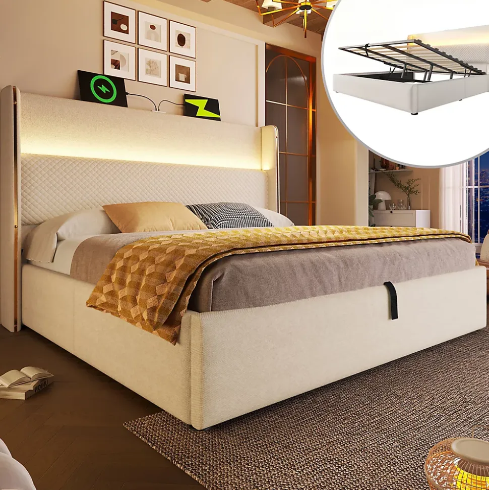Lit Coffre 160x200 cm - Lit Double avec Sommier Relevable et Rangement - Ports USB Type-C - Tissu Lin Beige - Sans Matelas