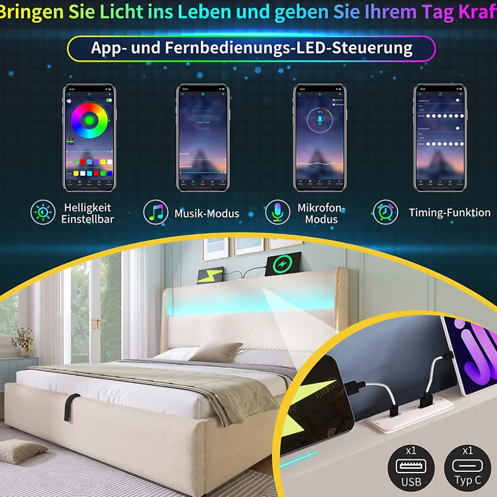 Lit Coffre 160x200 cm - Lit Double avec Sommier Relevable et Rangement - Ports USB Type-C - Tissu Lin Beige - Sans Matelas