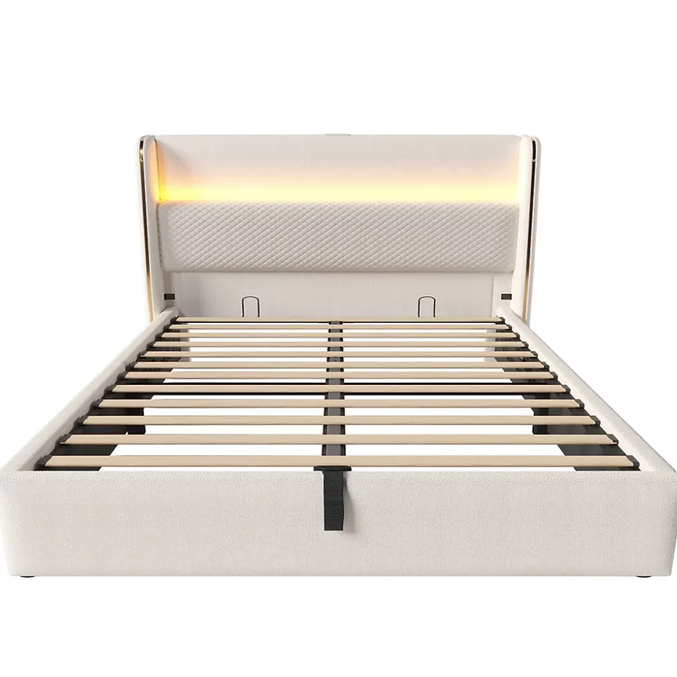 Lit Coffre 160x200 cm - Lit Double avec Sommier Relevable et Rangement - Ports USB Type-C - Tissu Lin Beige - Sans Matelas