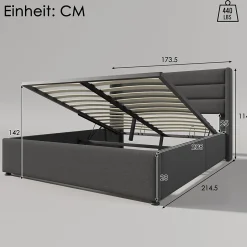 Lit coffre 160x200 cm - Lit double rembourré Gris avec sommier à lattes - Lin - Sans Matelas