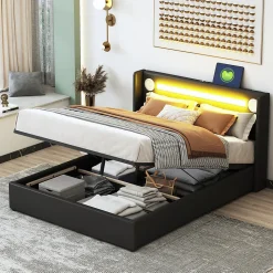 Lit Coffre 140x200 cm - Lit Double capitonné avec LED, Bluetooth et USB, Coffre en Simili Cuir Noir