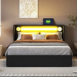 Lit Coffre 140x200 cm - Lit Double capitonné avec LED, Bluetooth et USB, Coffre en Simili Cuir Noir