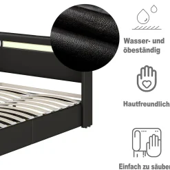 Lit Coffre 140x200 cm - Lit Double capitonné avec LED, Bluetooth et USB, Coffre en Simili Cuir Noir