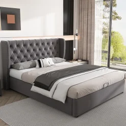 Lit coffre 140x200 cm - Lit double avec sommier à lattes et Coffre hydraulique - Capitonné Velours - Sans Matelas - Gris