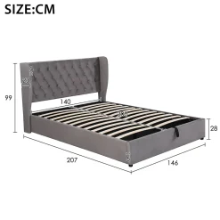 Lit coffre 140x200 cm - Lit double avec sommier à lattes et Coffre hydraulique - Capitonné Velours - Sans Matelas - Gris