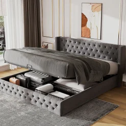 Lit Coffre 180x200 cm - Lit Double Capitonné avec Rangement Hydraulique, Velours, Sans Matelas, Gris