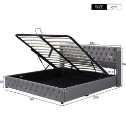 Lit Coffre 180x200 cm - Lit Double Capitonné avec Rangement Hydraulique, Velours, Sans Matelas, Gris