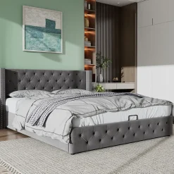 Lit Coffre 180x200 cm - Lit Double Capitonné avec Rangement Hydraulique, Velours, Sans Matelas, Gris