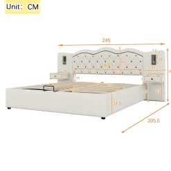 Lit Coffre 180x200 cm - Lit Double avec Tête de Lit Intégrée et 2 Lampes - Lin - Sans Matelas - Beige