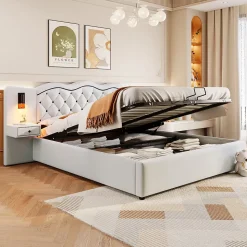 Lit Coffre 180x200 cm - Lit Double avec Tête de Lit Intégrée et 2 Lampes - Lin - Sans Matelas - Beige