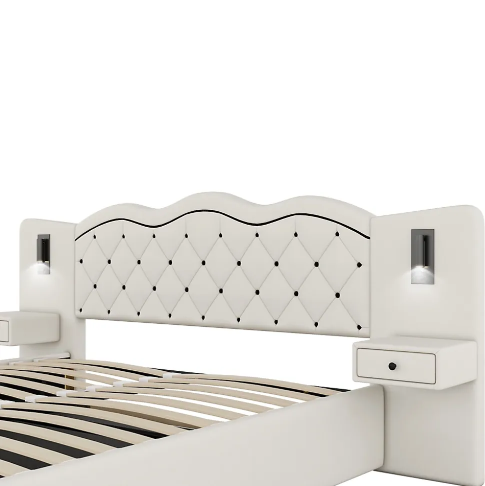 Lit Coffre 180x200 cm - Lit Double avec Tête de Lit Intégrée et 2 Lampes - Lin - Sans Matelas - Beige