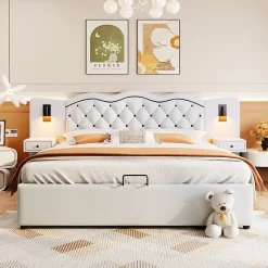 Lit Coffre 180x200 cm - Lit Double avec Tête de Lit Intégrée et 2 Lampes - Lin - Sans Matelas - Beige