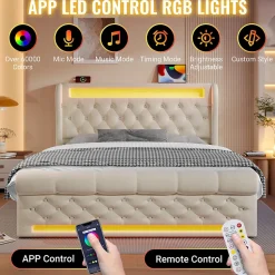 Lit Coffre 140x200 cm - Lit Double avec Éclairage LED et Prises USB/Type-C, en Velours Beige - Sans Matelas