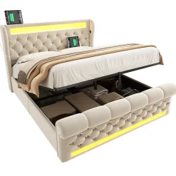 Lit Coffre 140x200 cm - Lit Double avec Éclairage LED et Prises USB/Type-C, en Velours Beige - Sans Matelas