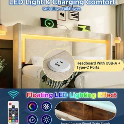 Lit Coffre 160x200 cm - Lit Double Rembourré avec LED et USB, Niche de Rangement, sans Matelas, en Lin Beige