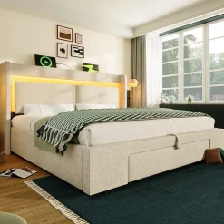 Lit Coffre 160x200 cm - Lit Double Rembourré avec LED et USB, Niche de Rangement, sans Matelas, en Lin Beige