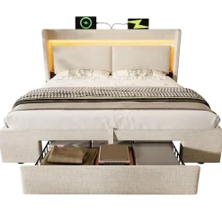 Lit Coffre 160x200 cm - Lit Double Rembourré avec LED et USB, Niche de Rangement, sans Matelas, en Lin Beige