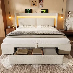 Lit Coffre 160x200 cm - Lit Double Rembourré avec LED et USB, Niche de Rangement, sans Matelas, en Lin Beige