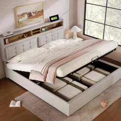 Lit coffre 160x200 cm - Lit double rembourré - Bois massif - Sans Matelas - Beige