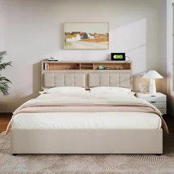 Lit coffre 160x200 cm - Lit double rembourré - Bois massif - Sans Matelas - Beige