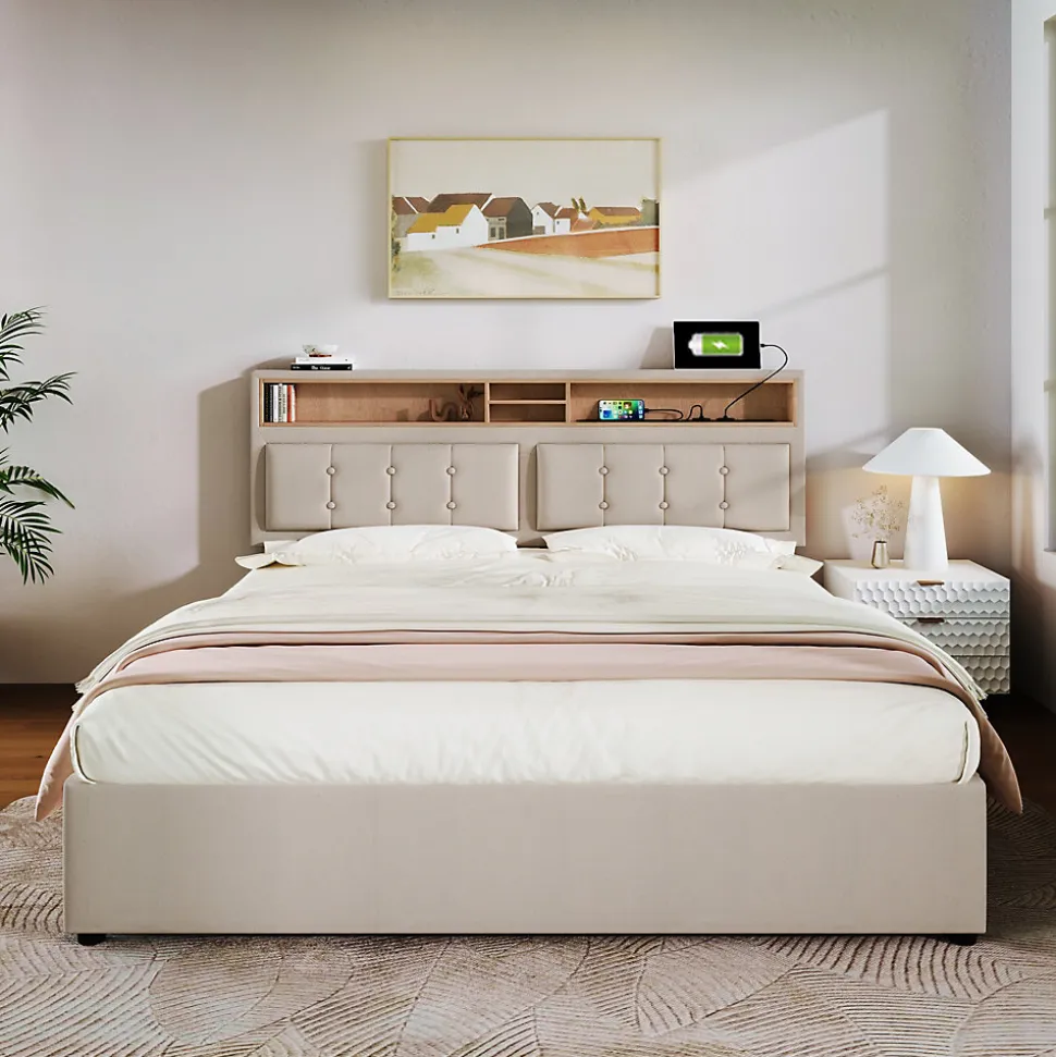 Lit coffre 160x200 cm - Lit double rembourré - Bois massif - Sans Matelas - Beige