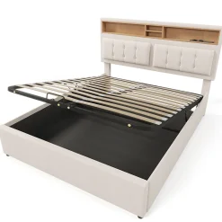 Lit coffre 160x200 cm - Lit double rembourré - Bois massif - Sans Matelas - Beige