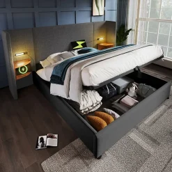 Lit coffre 180x200 cm - Lit double capitonné avec table de chevet et lampe de lecture - Lin - Sans Matelas - Gris