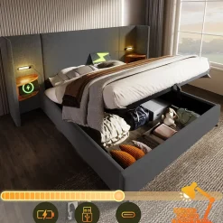 Lit coffre 180x200 cm - Lit double capitonné avec table de chevet et lampe de lecture - Lin - Sans Matelas - Gris