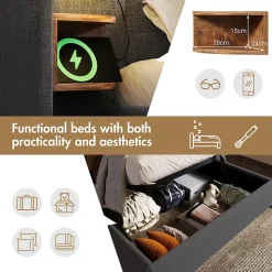 Lit coffre 180x200 cm - Lit double capitonné avec table de chevet et lampe de lecture - Lin - Sans Matelas - Gris