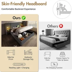 Lit coffre 180x200 cm - Lit double capitonné avec table de chevet et lampe de lecture - Lin - Sans Matelas - Gris