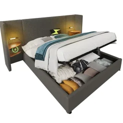 Lit coffre 180x200 cm - Lit double capitonné avec table de chevet et lampe de lecture - Lin - Sans Matelas - Gris