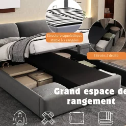 Lit coffre 140x190 cm - lit double capitonné élégant en velours avec 3 tiroirs et rangement hydraulique - gris - sans matelas