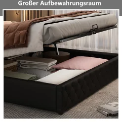 Lit coffre 140x200 cm - Lit double avec coffre de rangement et éclairage LED - Lit capitonné en cuir PU - Sans matelas - Noir