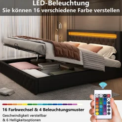 Lit coffre 140x200 cm - Lit double avec coffre de rangement et éclairage LED - Lit capitonné en cuir PU - Sans matelas - Noir