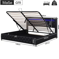 Lit coffre 140x200 cm - Lit double avec coffre de rangement et éclairage LED - Lit capitonné en cuir PU - Sans matelas - Noir