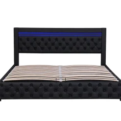 Lit coffre 140x200 cm - Lit double avec coffre de rangement et éclairage LED - Lit capitonné en cuir PU - Sans matelas - Noir