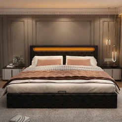 Lit coffre 140x200 cm - Lit double avec coffre de rangement et éclairage LED - Lit capitonné en cuir PU - Sans matelas - Noir