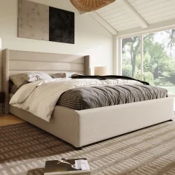 Lit coffre 160x200 cm - Lit double capitonné avec sommier à lattes - Lin - Matelas Inclus - Beige