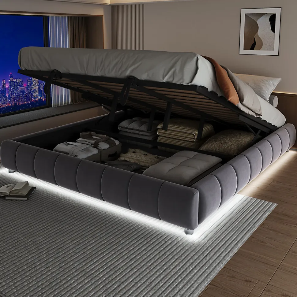 Lit Coffre 180x200 cm - Lit Double avec Éclairage LED, design Moderne et Espace de Rangement - Sans Matelas, Velours Gris