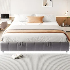 Lit Coffre 180x200 cm - Lit Double avec Éclairage LED, design Moderne et Espace de Rangement - Sans Matelas, Velours Gris