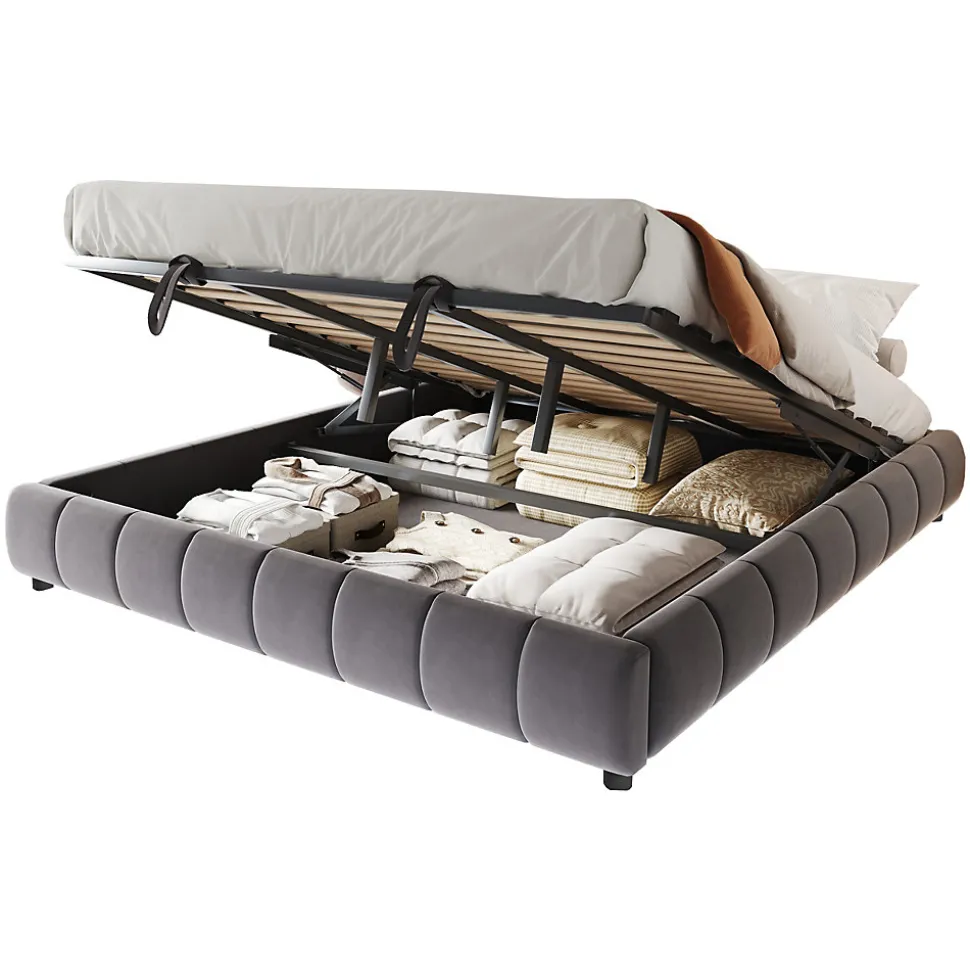 Lit Coffre 180x200 cm - Lit Double avec Éclairage LED, design Moderne et Espace de Rangement - Sans Matelas, Velours Gris