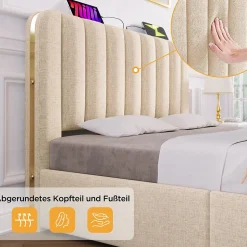 Lit coffre 180x200 cm - Lit double rembourré avec fonction USB Type-C - Lin - Sans Matelas - Beige