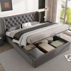 Lit coffre 140x190 cm - Lit double avec sommier à lattes et coffre hydraulique - Capitonné Velours - Sans Matelas - Gris